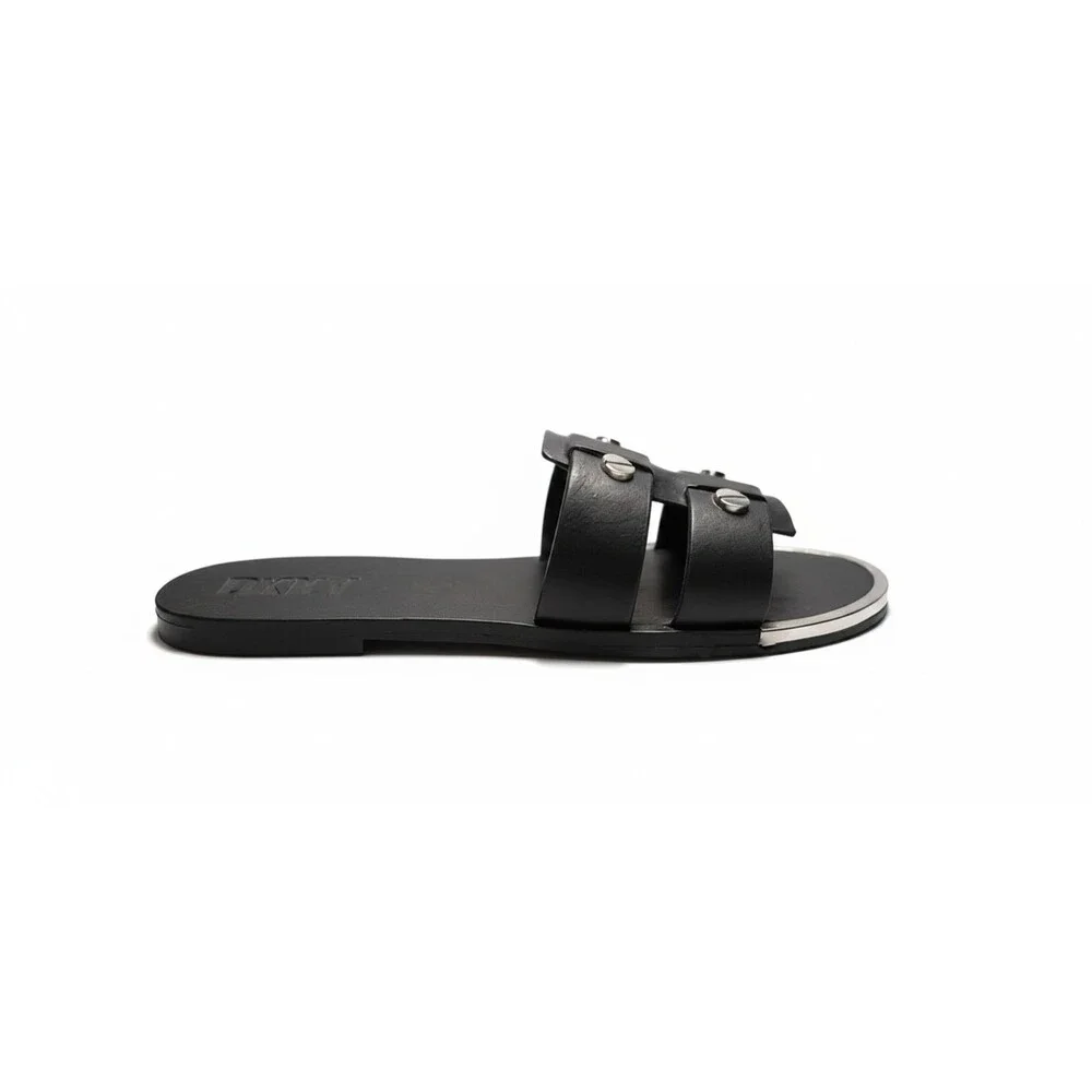 DKNY Glynn Black Leather Studded Slide Sandals Slip On Flats Womens Size 7.5 New